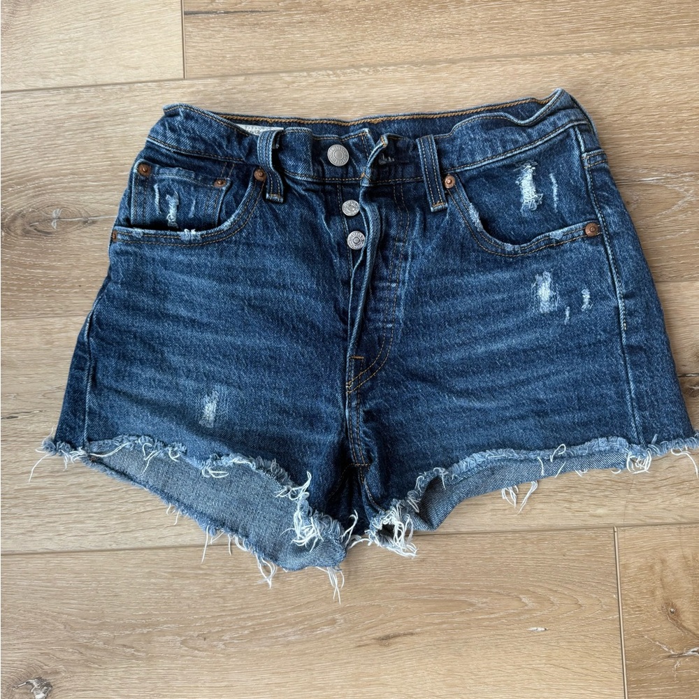 Levi 501 Blue Distressed Jean Shorts with Frayed Hem